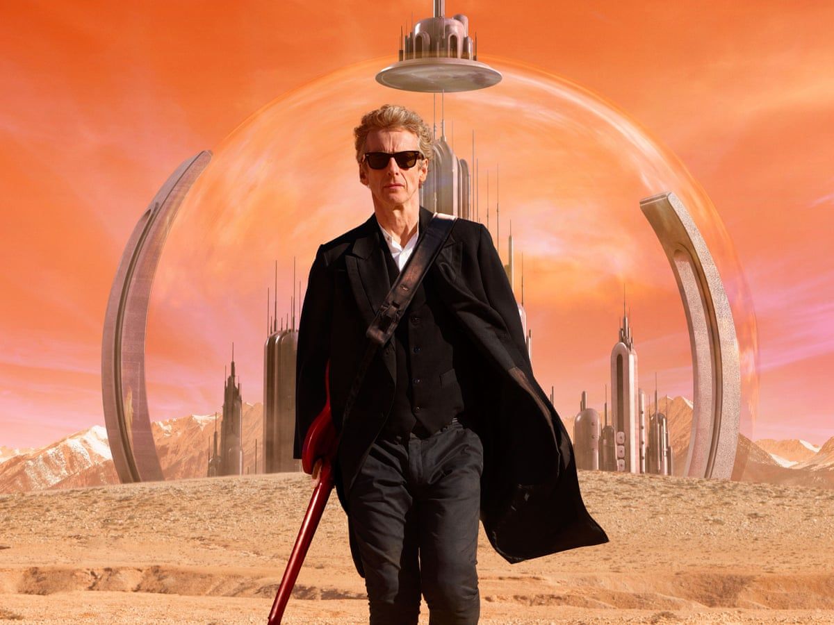 A Promotional shot from 'Hell Bent'. The Twelfth Doctor, wearing sunglasses, guitar slung over his back, walking away from the domed capitol city on Gallifrey in the background.