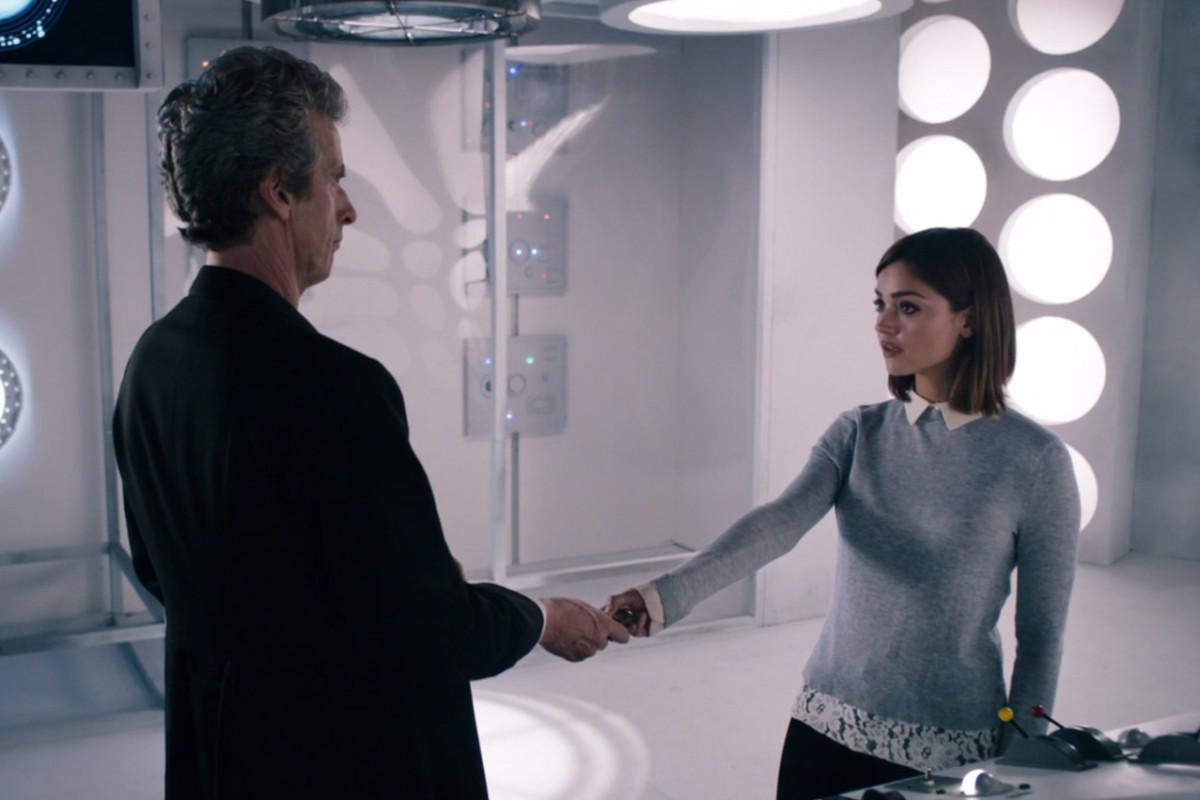 A screencap from 'Hell Bent.' The Doctor and Clara standing in the stolen TARDIS, preparing to take a chance on the memory wipe