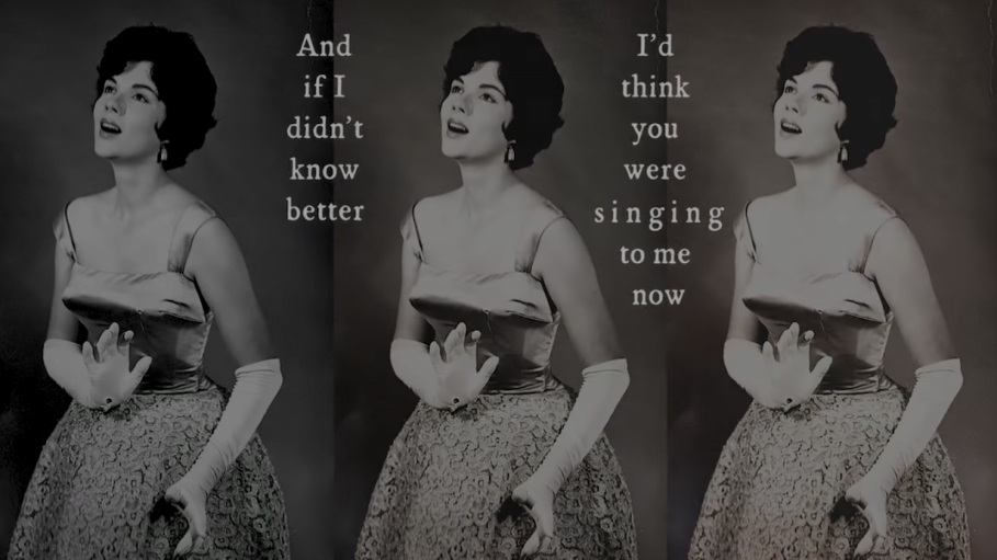 A screencap from the official lyrics video for 'Marjorie', featuring an image of Marjorie Finlay overlaid with the text 'And if I didn't know better I'd think you were singing to me now'