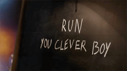 A gif from 'Hell Bent'. Clara's chalkboard message to the Doctor: 'Run you clever boy and be a Doctor'
