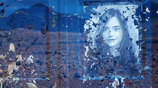 A gif from 'Hell Bent'. The painted mural of Clara flaking off the TARDIS as it dematerializes.