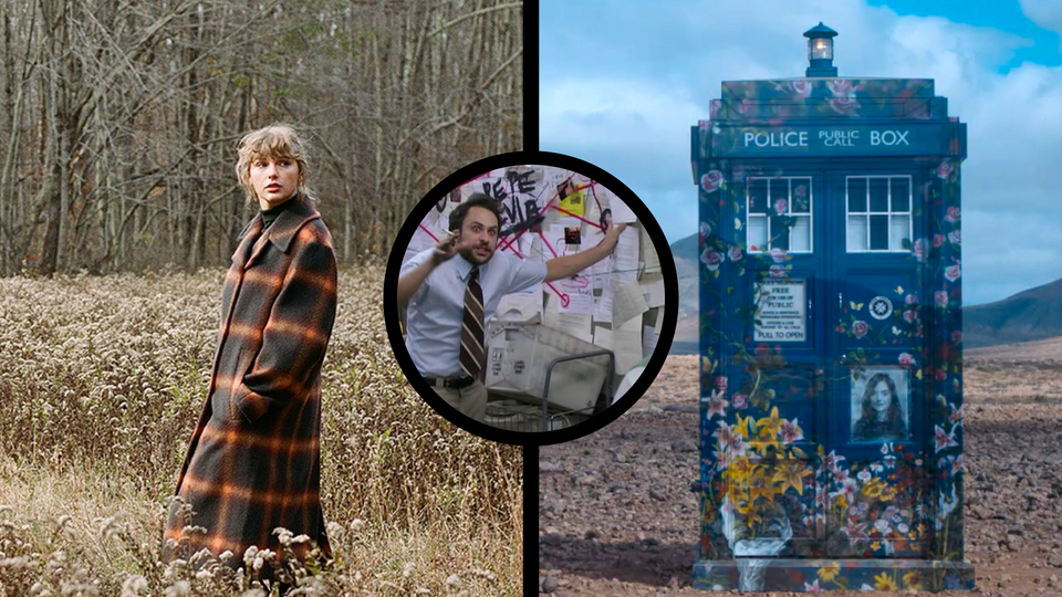 Left: Taylor Swift. Right: The TARDIS with a painted mural memorializing Clara. Middle: conspiracy meme from Always Sunny.