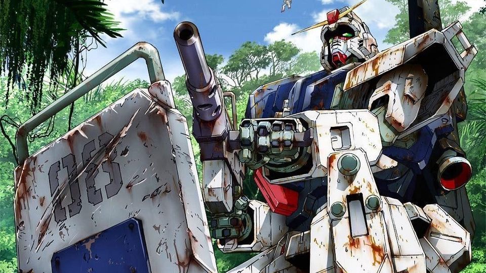 A dirty weathered Gundam crouches in the jungle, its equally weathered shield planted upright in front of it.