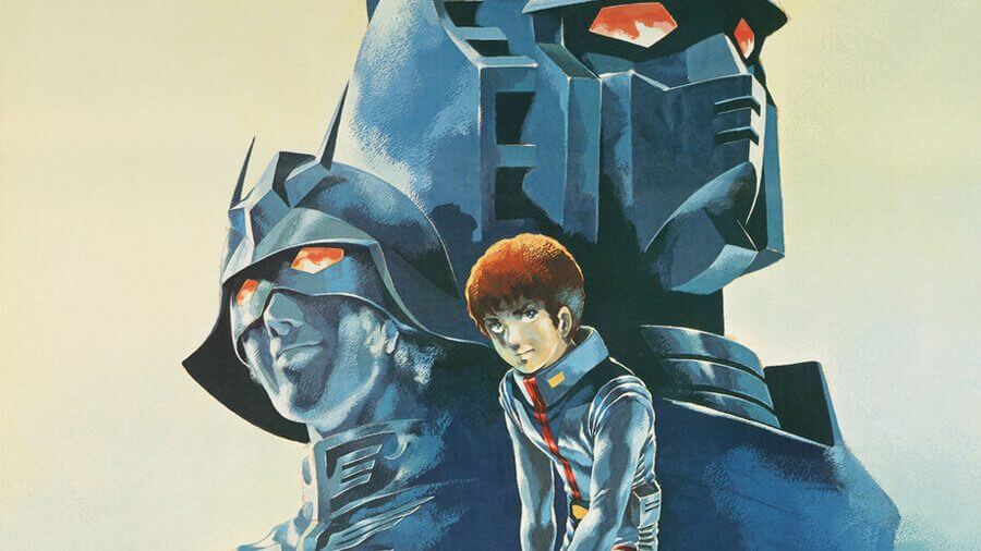 A painted image with a white background. In the foreground Amuro. In the midground, Char and the RX-78-2 Gundam.